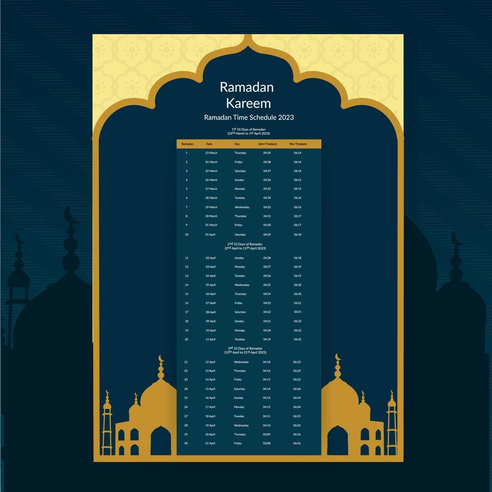 Ramadan calendario design 2023. calendario modello modello, islamico calendario dua e tempo tavolo programma Stampa pronto vettore illustrazione