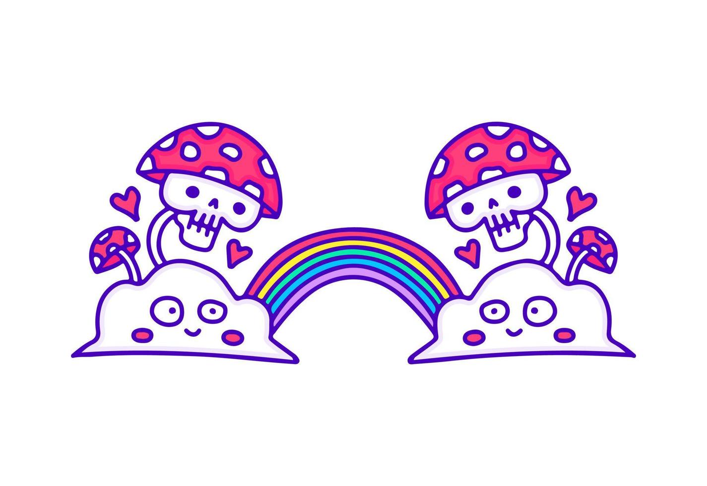 trippy cranio fungo con nube e arcobaleno, illustrazione per maglietta, etichetta, o abbigliamento merce. con moderno pop e retrò stile. vettore