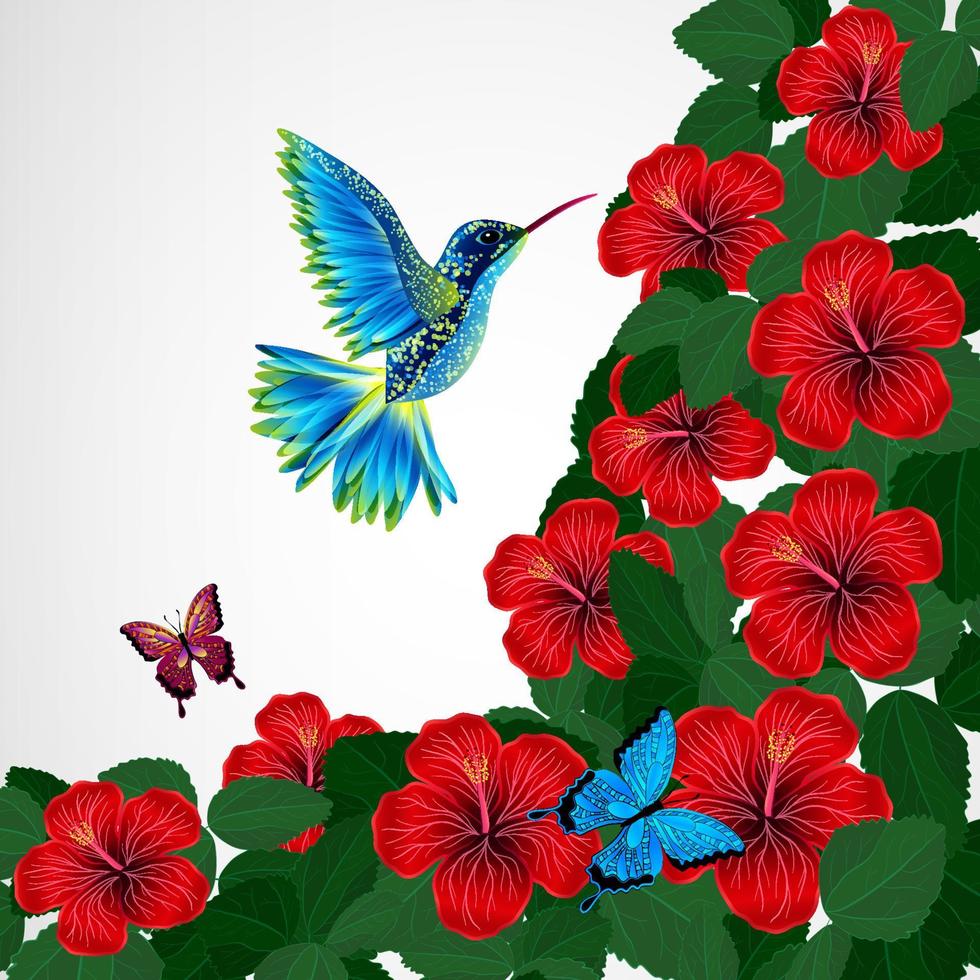 sfondo di disegno floreale. fiori di ibisco con uccelli, farfalle. vettore