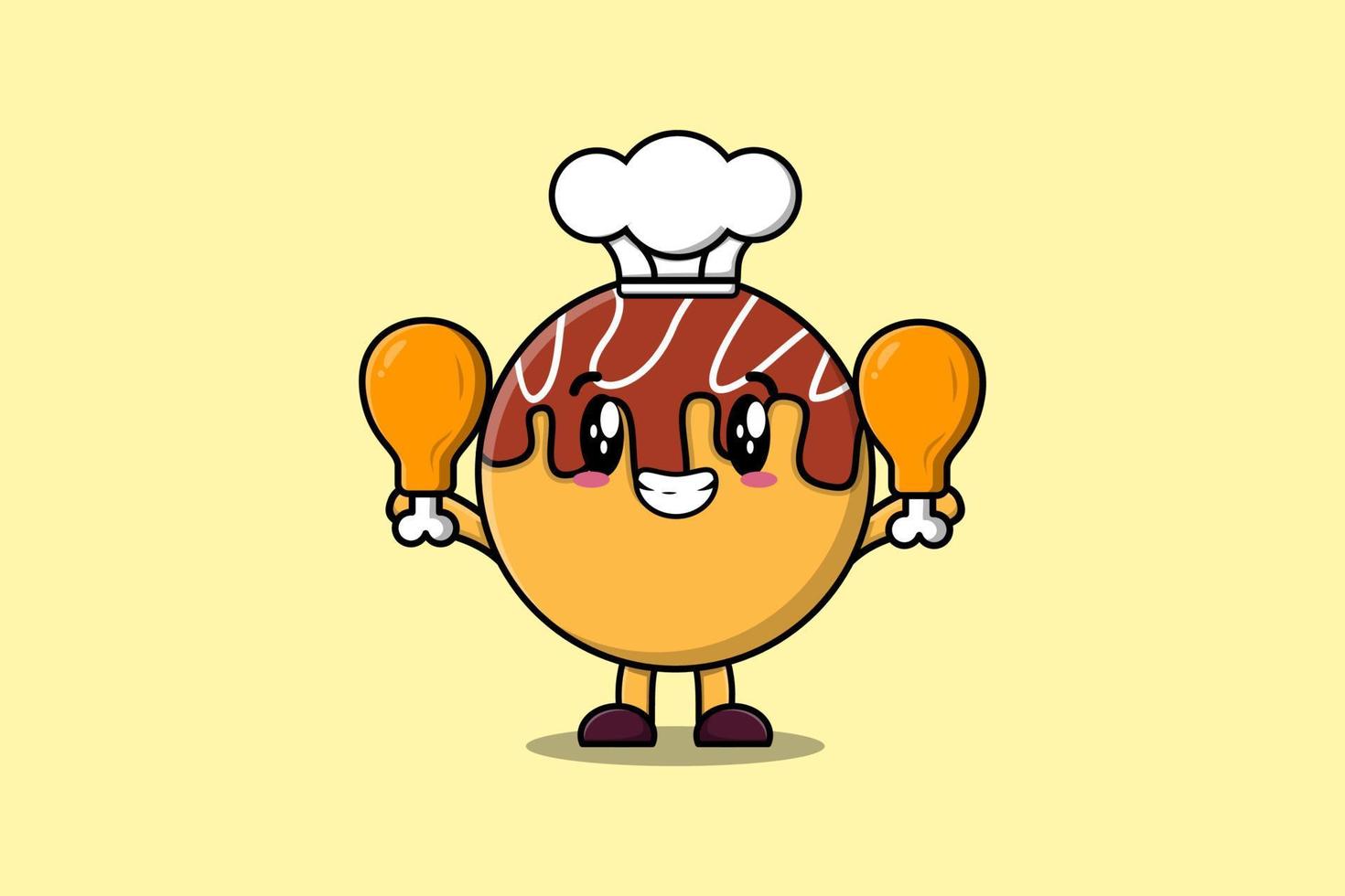 carino cartone animato takoyaki capocuoco hold Due pollo cosce vettore