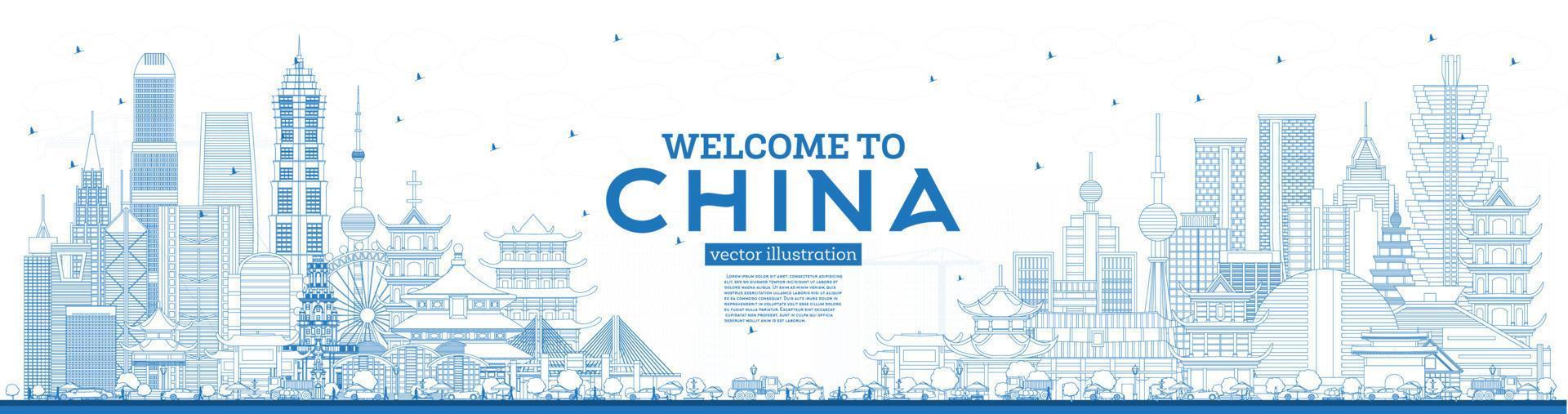 schema benvenuto per Cina orizzonte con blu edifici. famoso punti di riferimento nel Cina. vettore