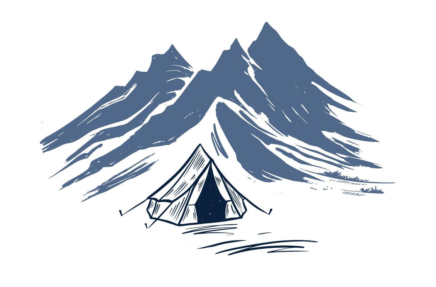 campeggio nel natura, montagne, mano disegnato illustrazioni vettore
