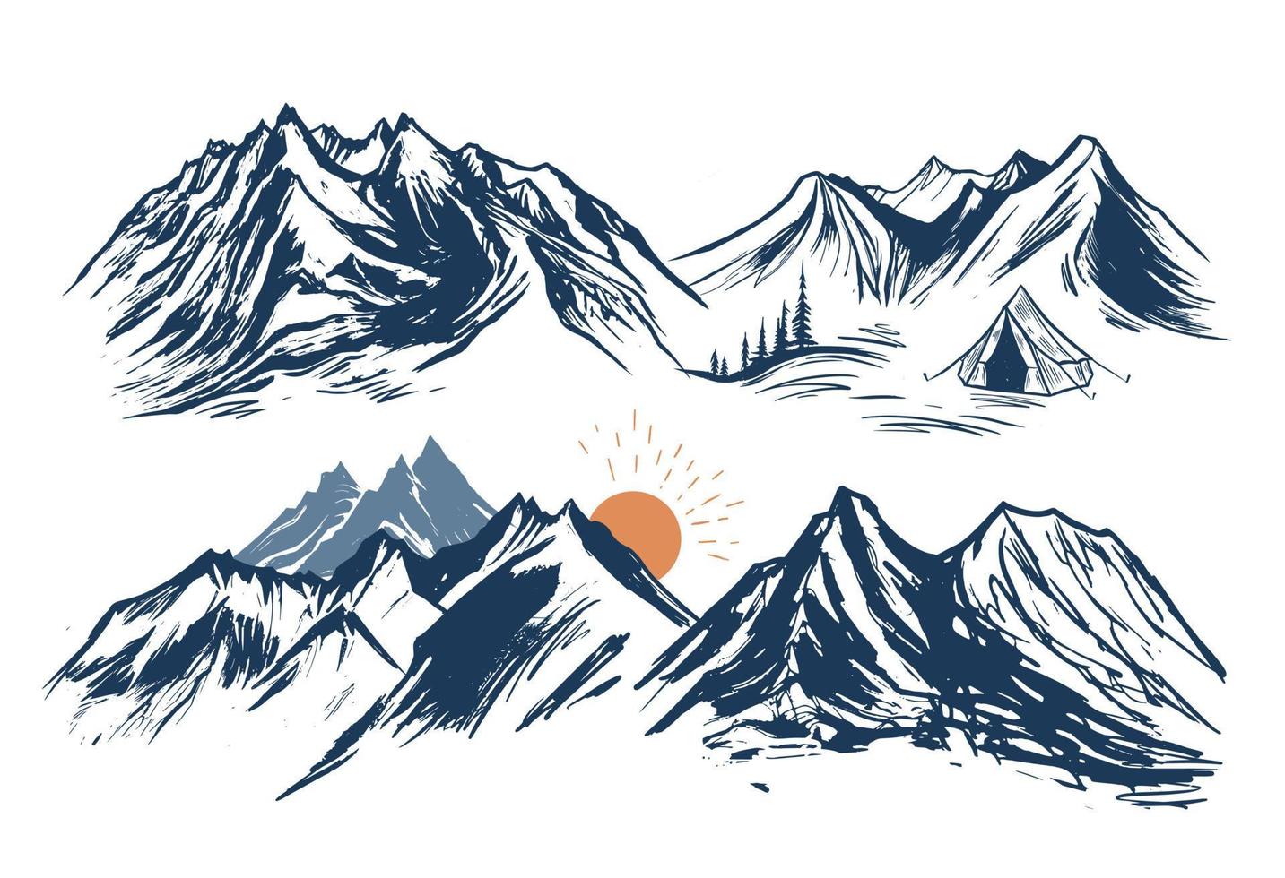 campeggio nel natura, montagne, mano disegnato illustrazioni vettore