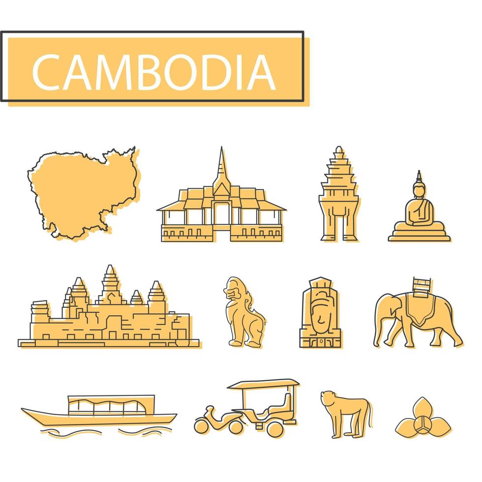 icone impostato di Cambogia. impostato di carta geografica, architettura, tradizione e di più. vettore