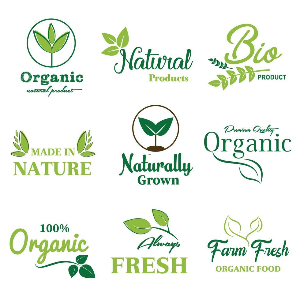 naturale e biologico cibo, azienda agricola fresco e biologico Prodotto adesivi, distintivi, logo e icona per commercio elettronico, naturale e biologico prodotti promozione. vettore