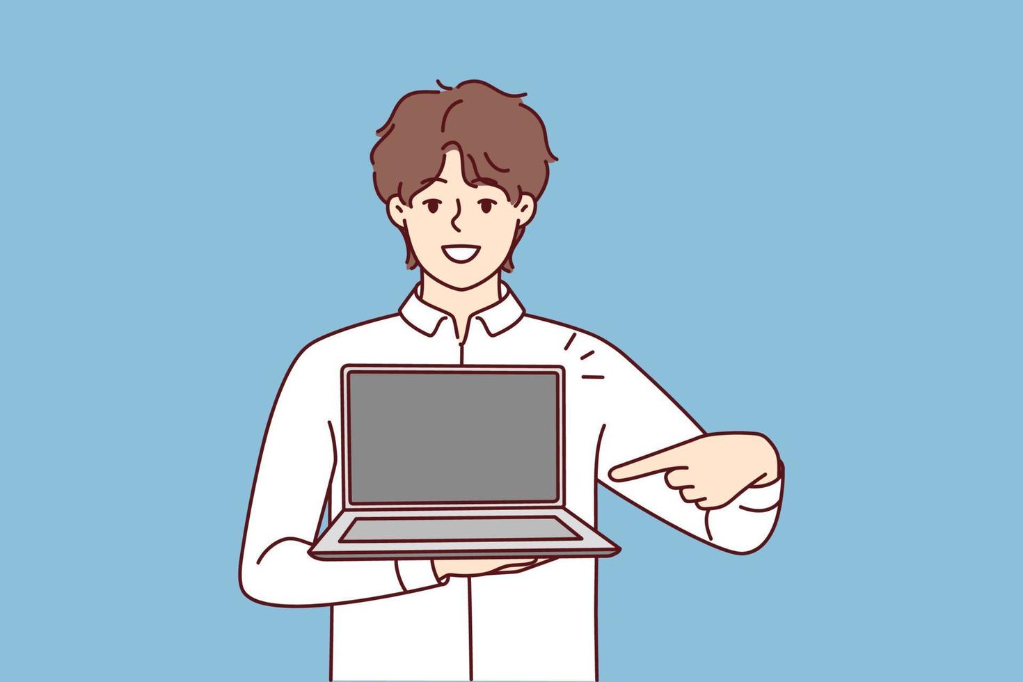 sorridente giovane uomo punto a moderno il computer portatile con modello schermo. contento maschio mostrare contemporaneo computer. Tech e aggeggio applicazione. vettore illustrazione.