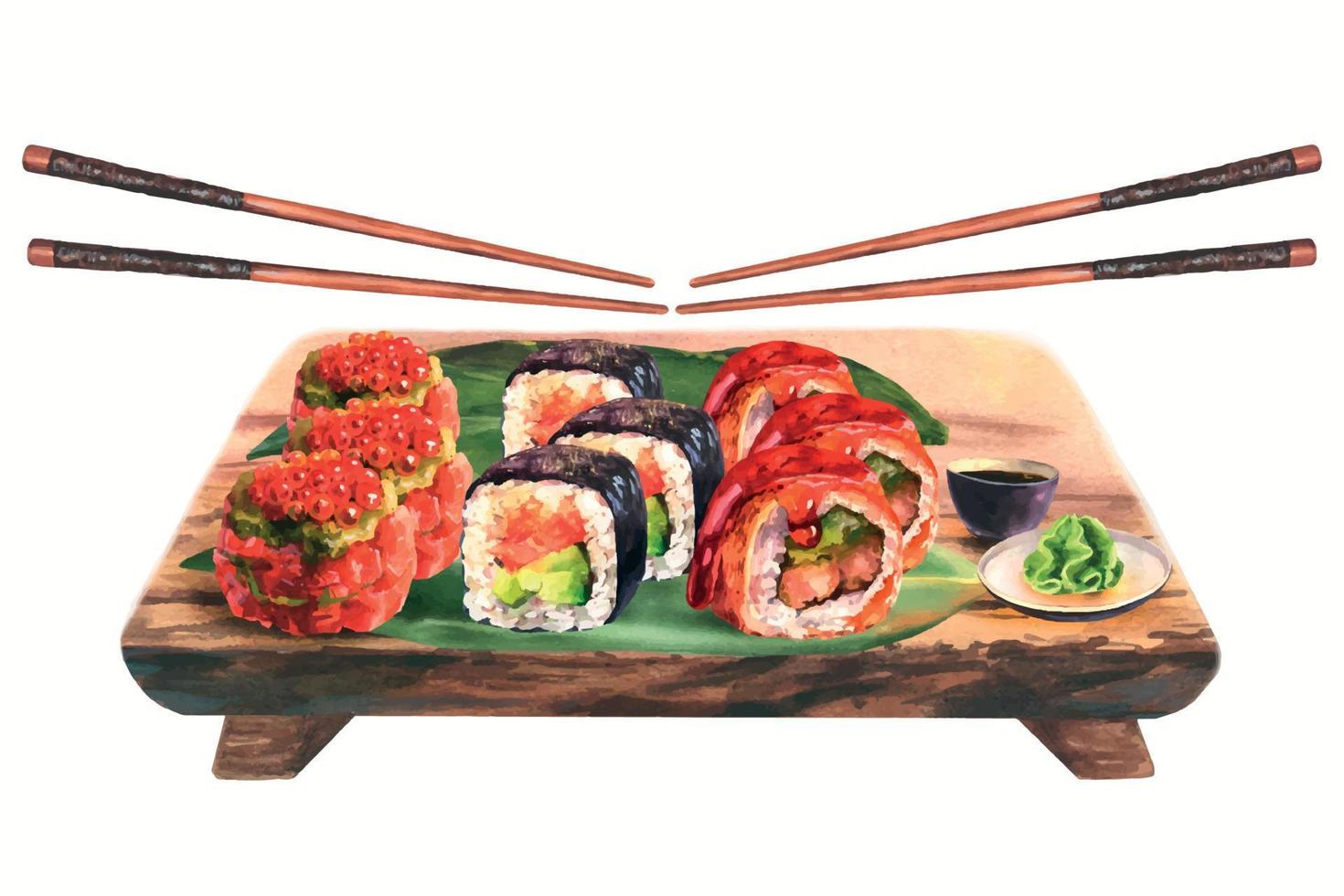 mano disegnato acquerello Sushi impostato e soia con wasabi su di legno tavola con bacchette, isolato su bianca sfondo. cibo design. vettore