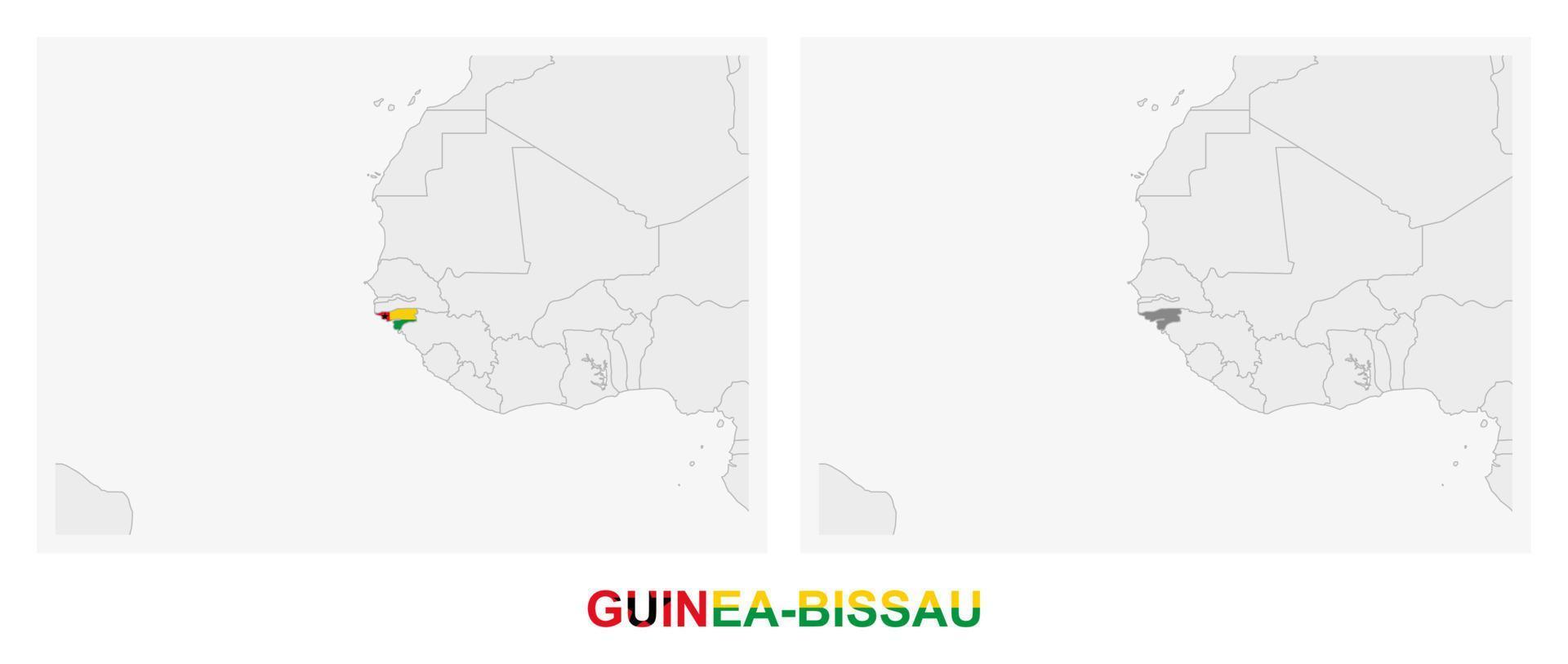Due versioni di il carta geografica di Guinea Bissau, con il bandiera di guinea-bissau e evidenziato nel buio grigio. vettore