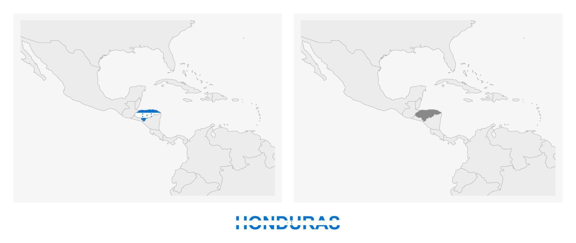 Due versioni di il carta geografica di Honduras, con il bandiera di Honduras e evidenziato nel buio grigio. vettore