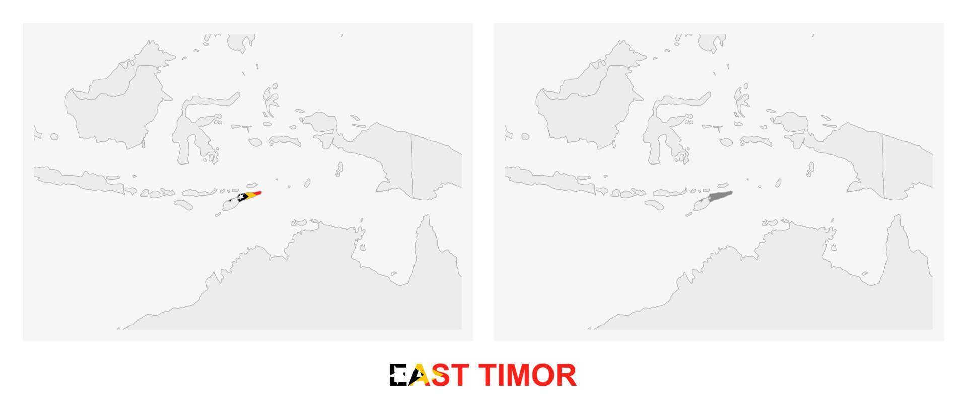 Due versioni di il carta geografica di est timor, con il bandiera di est timor e evidenziato nel buio grigio. vettore