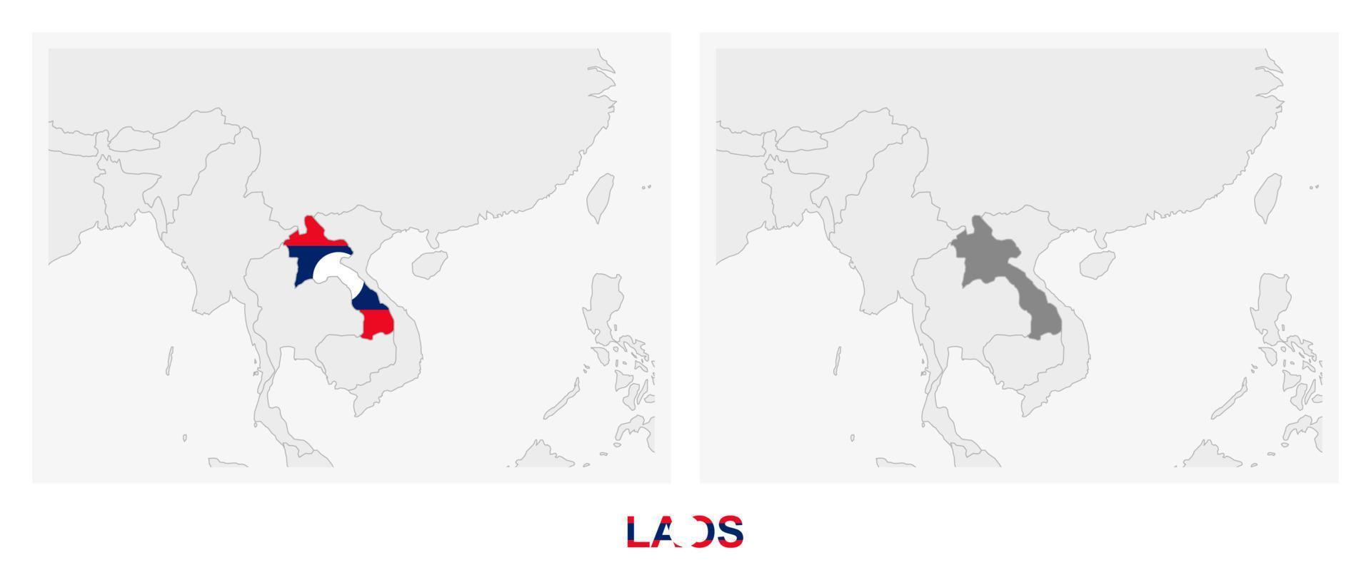 Due versioni di il carta geografica di Laos, con il bandiera di Laos e evidenziato nel buio grigio. vettore