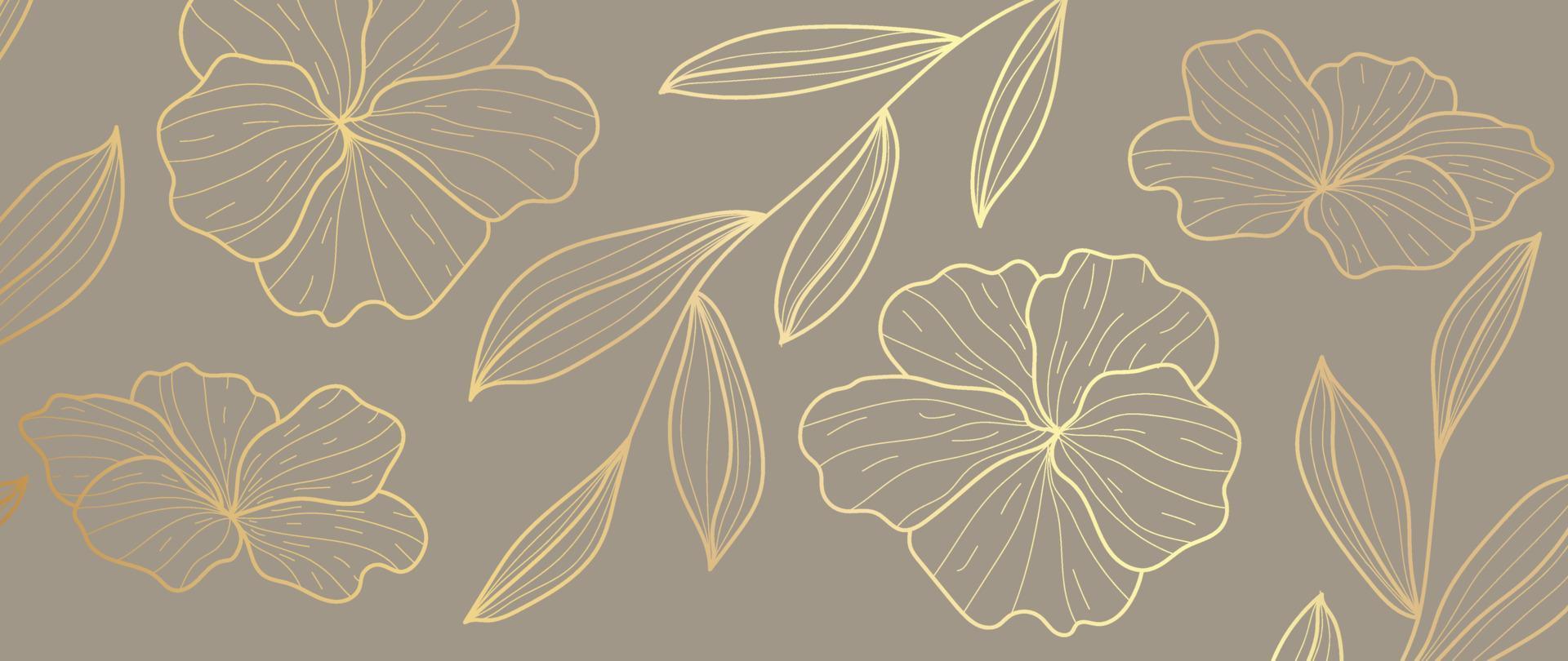 lusso floreale d'oro linea arte sfondo. elegante fioritura fiori e foglia ramo modello sfondo. design illustrazione per decorativo, carta, casa arredamento, sito web, confezione, Stampa, coperchio, striscione. vettore