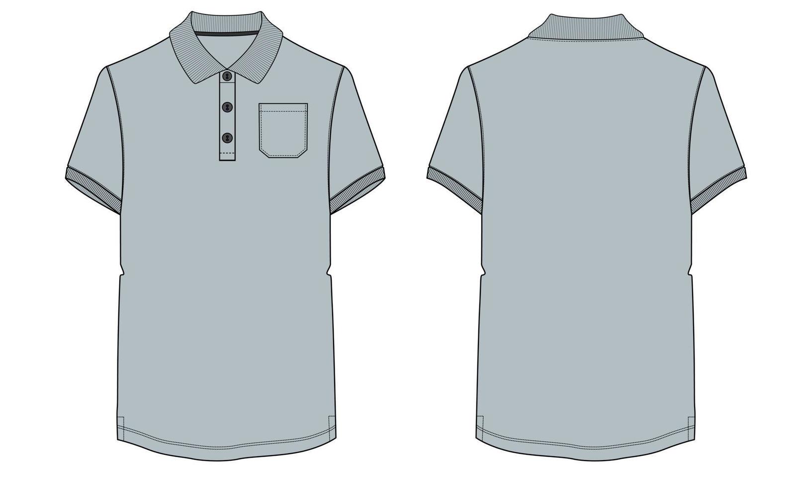 corto manica polo camicia con tasca tecnico moda piatto schizzo vettore illustrazione modello davanti e indietro visualizzazioni.