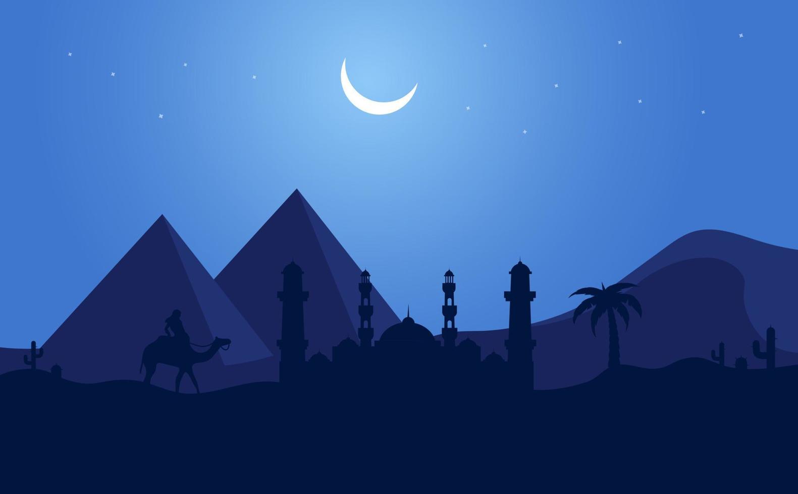 paesaggio illustrazione di Ramadan kareem con silhouette di moschea, piramide, cammello e Data palma nel deserto vettore