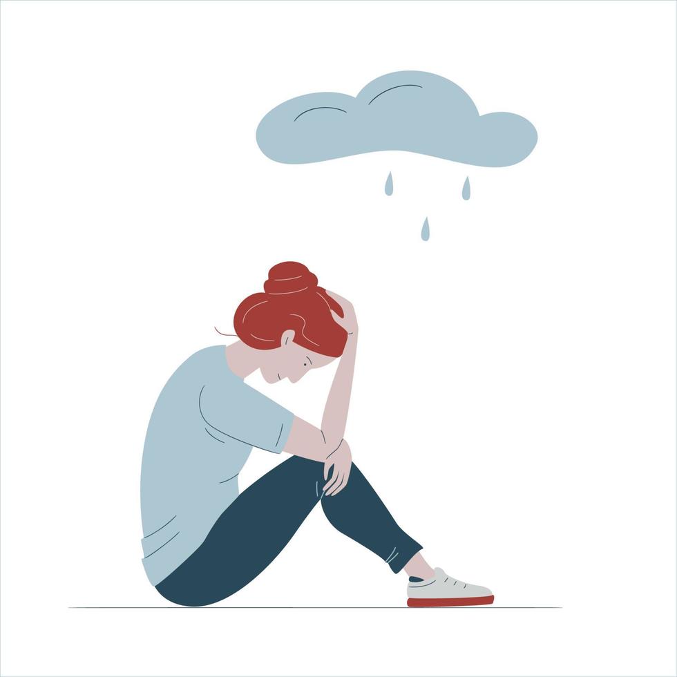 depresso giovane donna seduta sotto piovoso nube. concetto di fatica, depressione, cattivo umore, tristezza, infelice, mentale malattia, psicologia. piatto vettore illustrazione