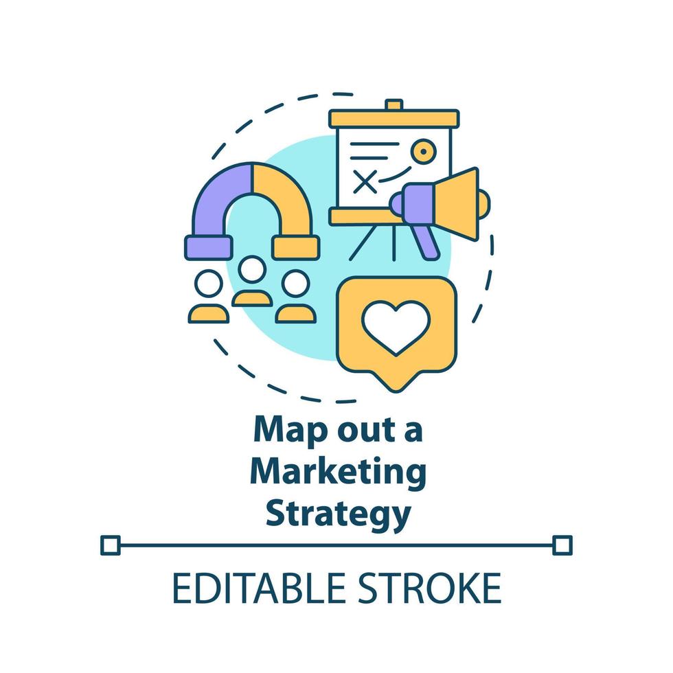 carta geografica su marketing strategia concetto icona. pubblicità campagna. pianificazione piccolo evento astratto idea magro linea illustrazione. isolato schema disegno. modificabile ictus vettore