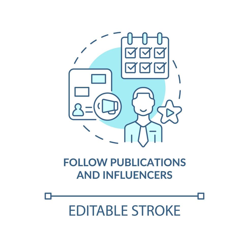 Seguire pubblicazioni e influencer turchese concetto icona. modo per identificare tendenze astratto idea magro linea illustrazione. isolato schema disegno. modificabile ictus vettore