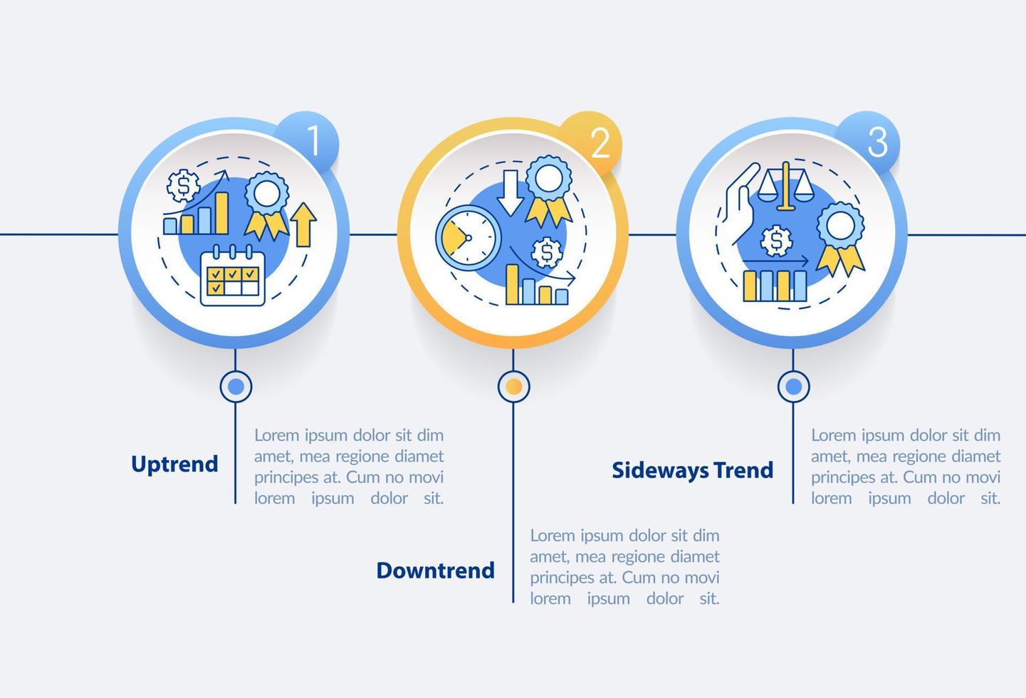 tipi di tendenze cerchio Infografica modello. azione mercato. dati visualizzazione con 3 passi. modificabile sequenza temporale Informazioni grafico. flusso di lavoro disposizione con linea icone vettore