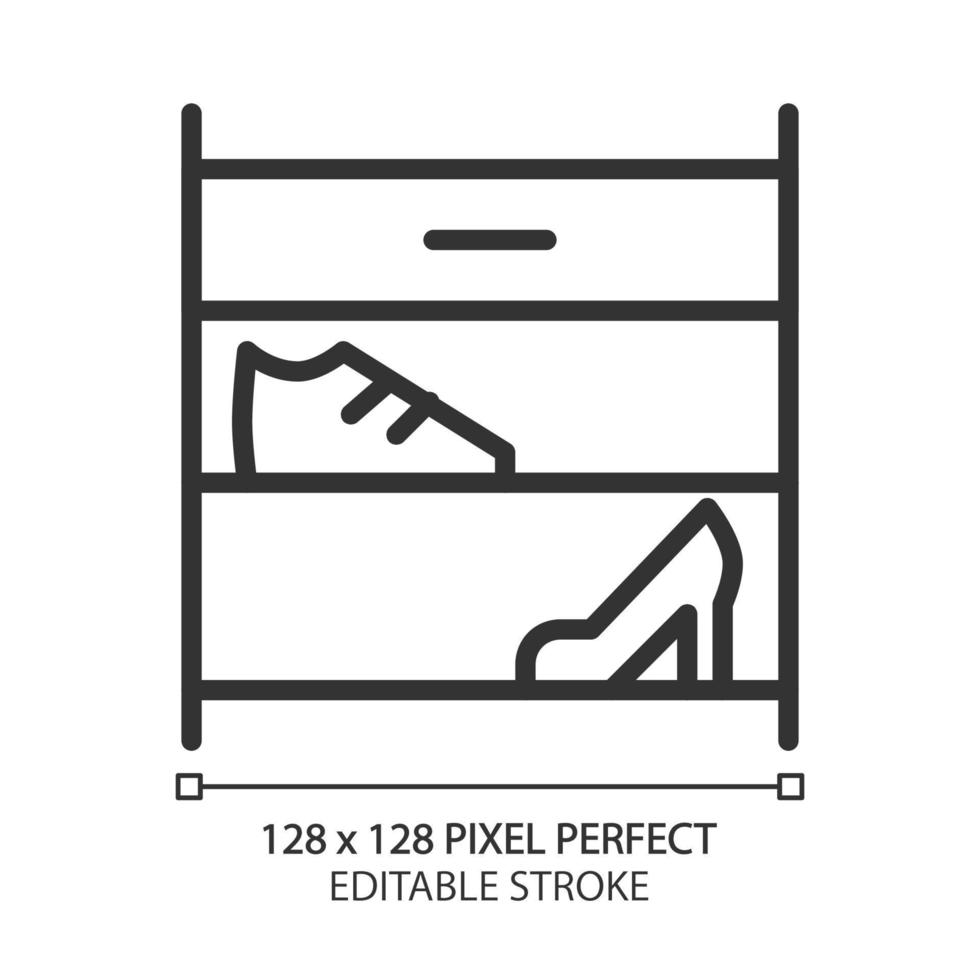 scarpa cremagliera pixel Perfetto lineare icona. calzature Conservazione organizzatore. moderno contemporaneo casa mobilia negozio. scaffalature. magro linea illustrazione. contorno simbolo. vettore schema disegno. modificabile ictus