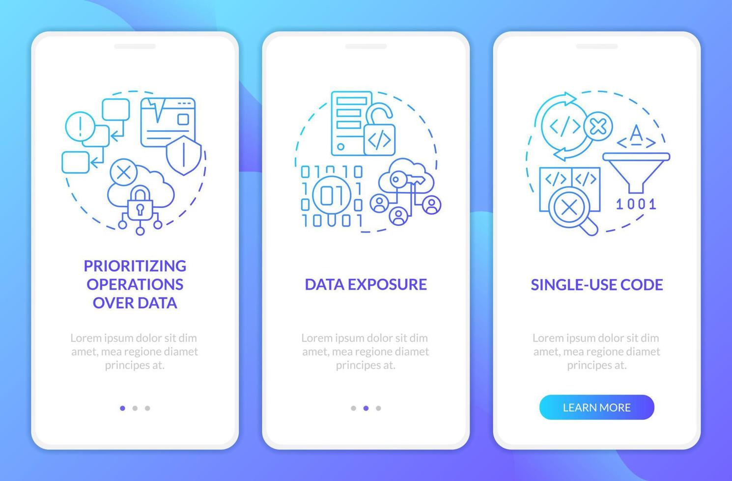 procedurale programmazione limitazioni blu pendenza onboarding mobile App schermo. Procedura dettagliata 3 passaggi grafico Istruzioni con lineare concetti. ui, ux, gui modello vettore