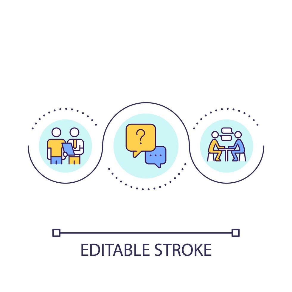 mentore supporto per nuovo assumere dipendente ciclo continuo concetto icona. Esperienza trasferimento. adattamento nel posto di lavoro astratto idea magro linea illustrazione. isolato schema disegno. modificabile ictus vettore