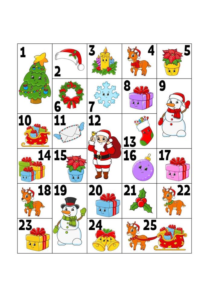 calendario dell'avvento natalizio con simpatici personaggi. Babbo Natale, cervo, pupazzo di neve, abete, fiocco di neve, regalo, pallina, calzino. stile cartone animato. con i numeri da 1 a 25. illustrazione vettoriale. preparazione delle vacanze. vettore