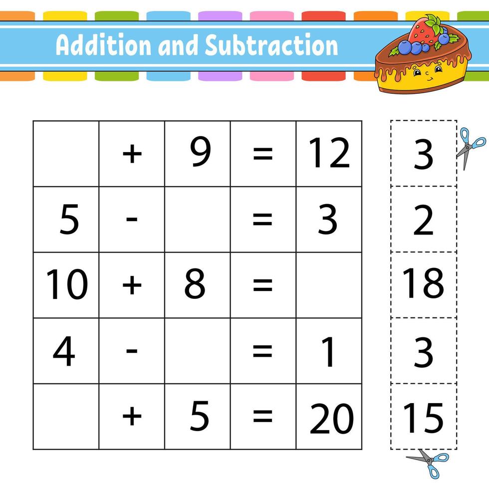 addizione e sottrazione. compito per i bambini. taglia e incolla. foglio di lavoro per lo sviluppo dell'istruzione. pagina delle attività. gioco per bambini. personaggio divertente. illustrazione vettoriale isolato. stile cartone animato.
