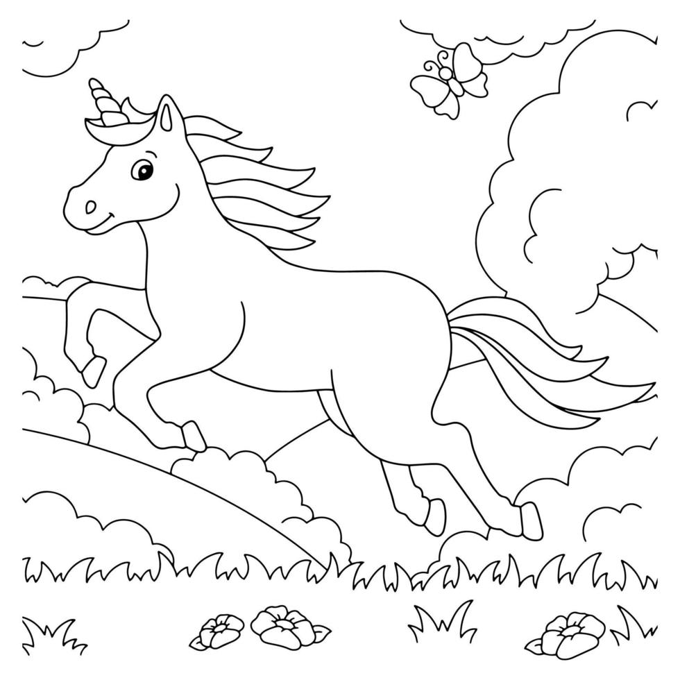 il unicorno salti su il erba. colorazione libro pagina per bambini. cartone animato stile carattere. vettore illustrazione isolato su bianca sfondo.