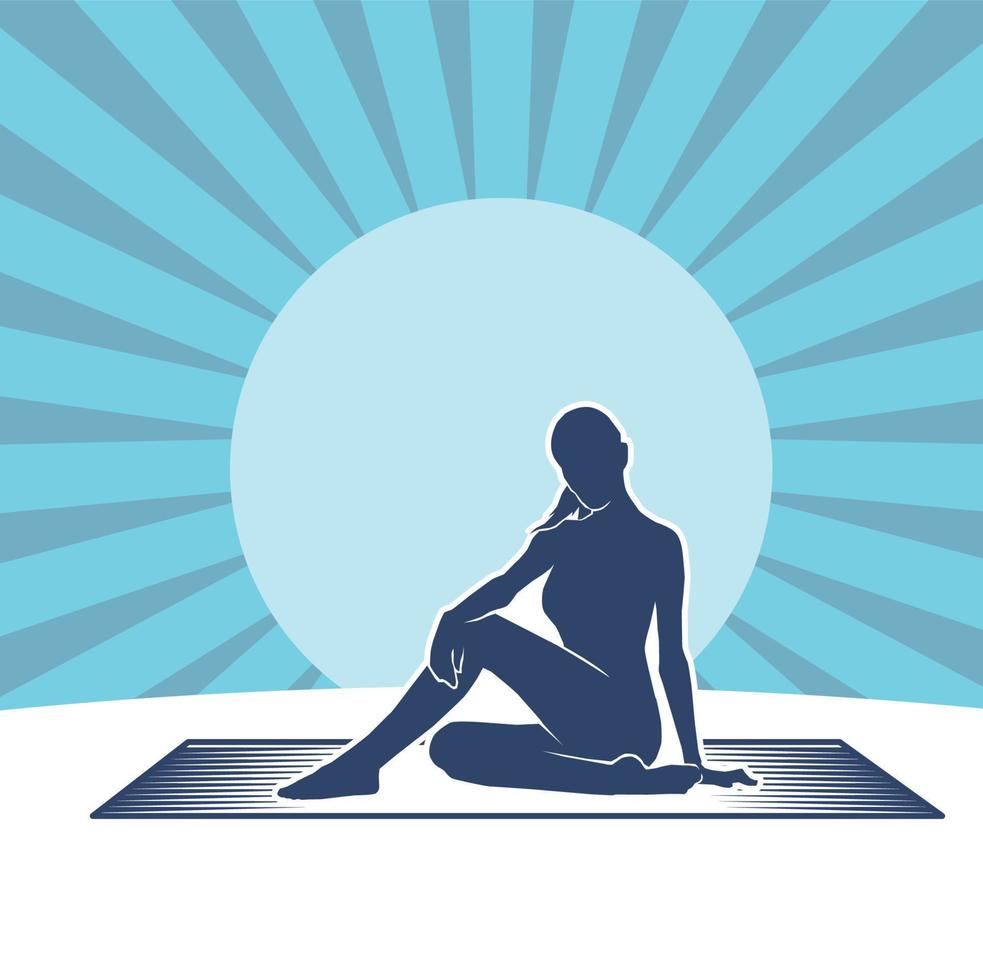 silhouette di un' femmina nel un' yoga posa su sunburst sfondo. vettore