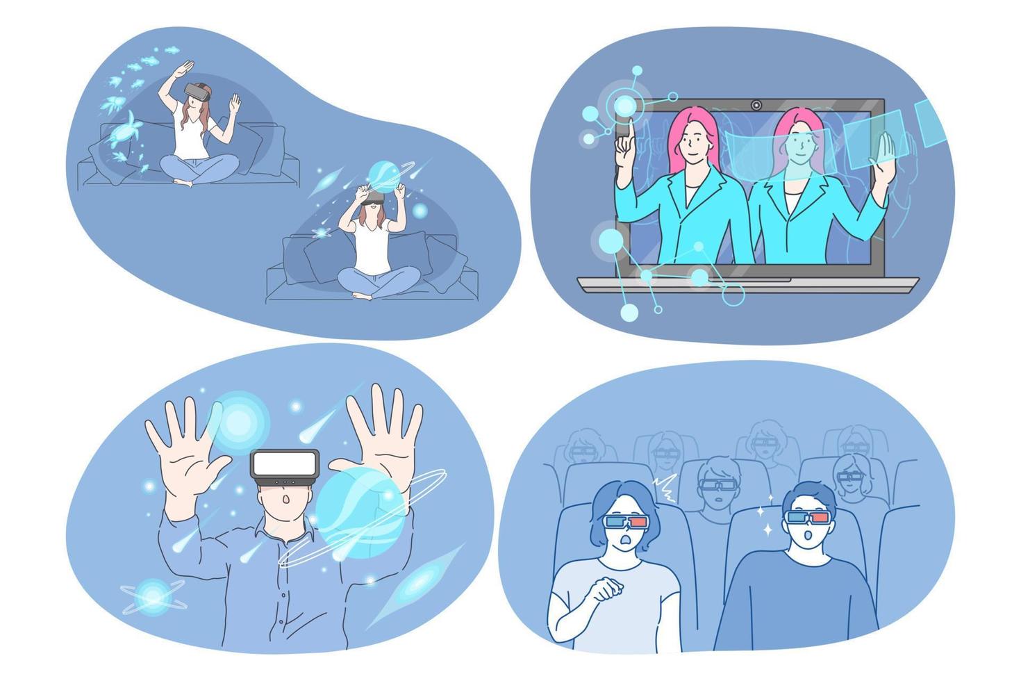 virtuale la realtà e cyberspazio attraverso 3d bicchieri concetto. giovane sorpreso donne e uomini indossare speciale maschere e bicchieri per simulazione cyberspazio toccante spazio nel futuristico digitale la realtà vettore