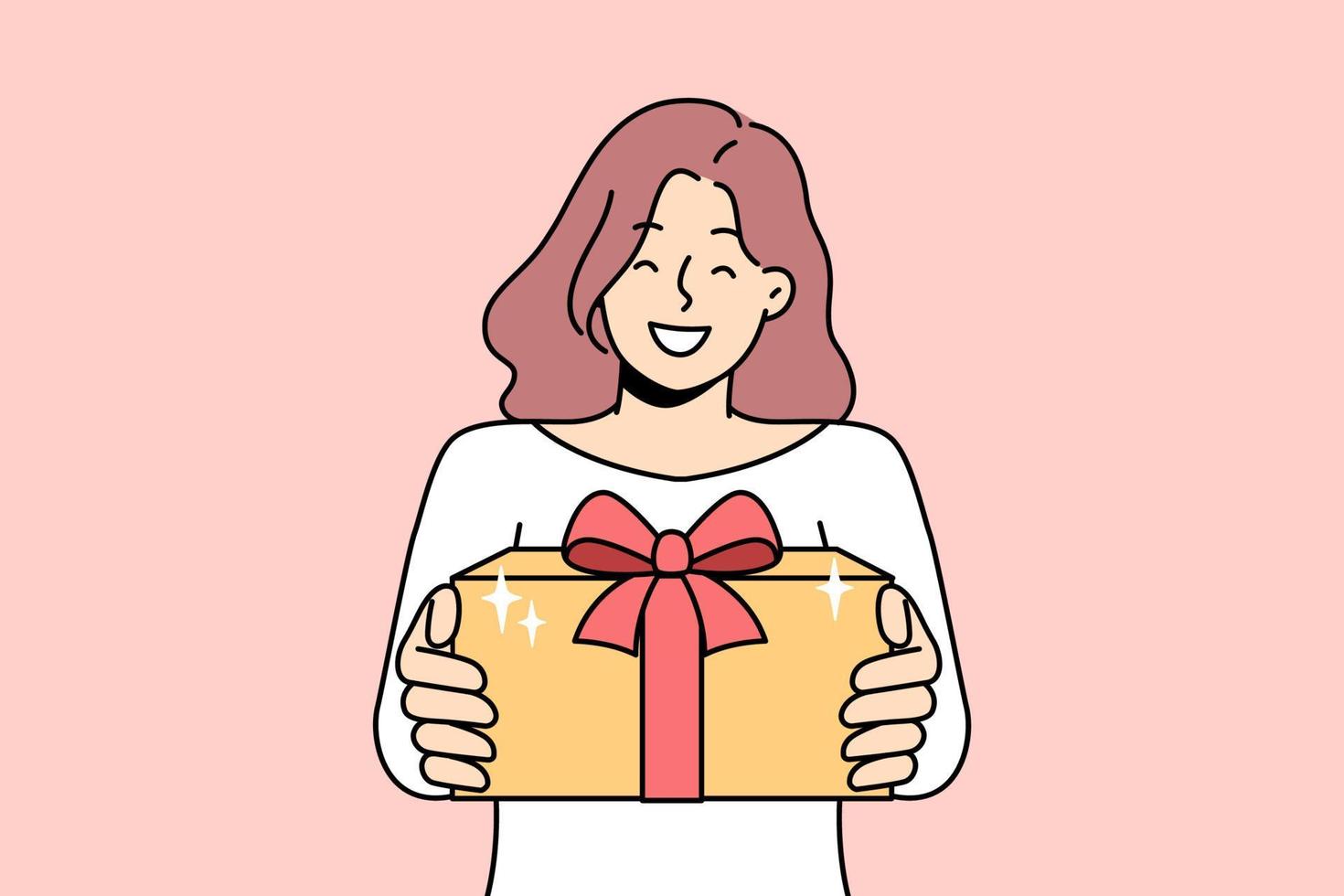 sorridente giovane donna hold avvolto bellissimo presente nel mani congratularsi con Natale. contento ragazza dare regalo saluto con nuovo anno vacanze. vettore illustrazione.