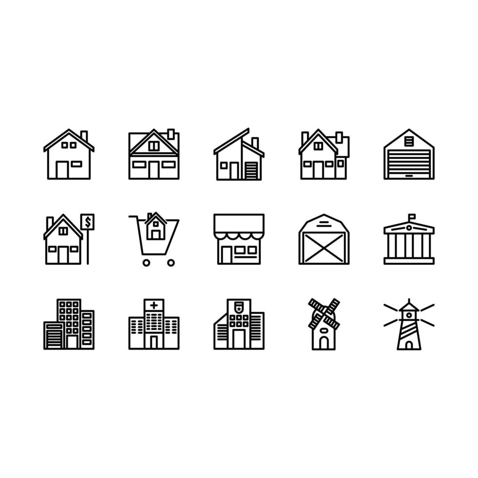 proprietà e alloggio icona impostare. incluso il icone come casa, Casa, palazzo, ricorrere, appartamento, Torre e di più. vettore