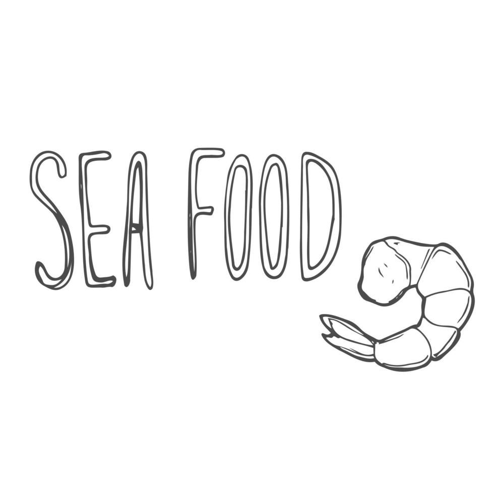 frutti di mare lettering logo con pesce e onda su sfondo. vettore illustrazione