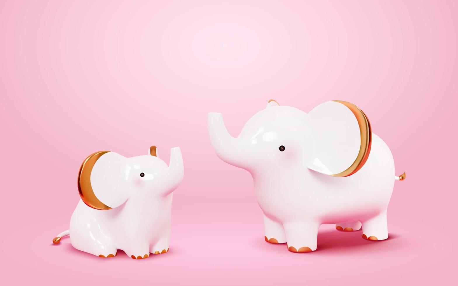 carino elefante figurine. 3d illustrazione di Due bianca elefanti raccolta loro tronchi con oro orecchie, zampe, e code. decorazioni fatto di porcellana vettore