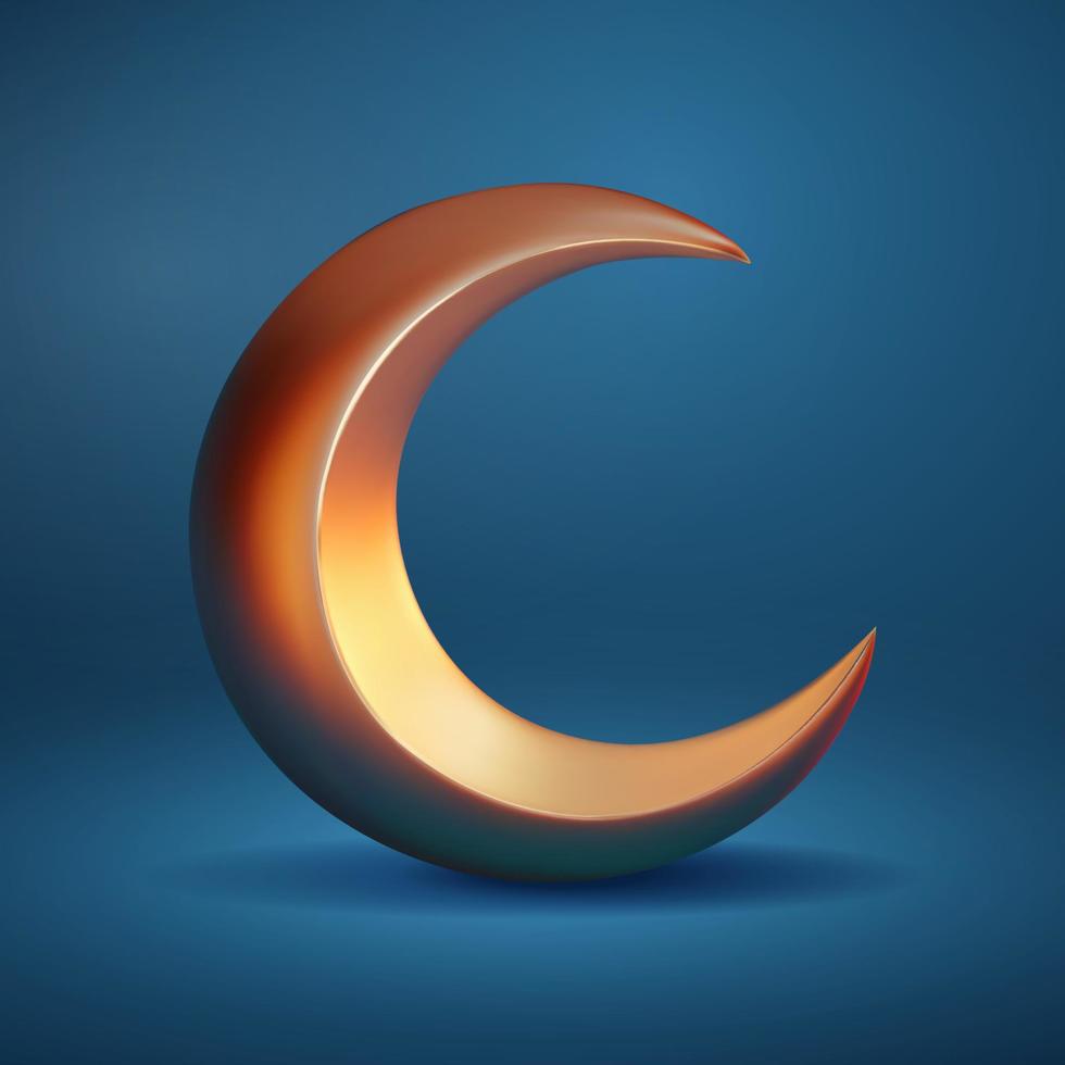 metallico mezzaluna Luna di buio ombra nel 3d illustrazione isolato blu sfondo. Islam religioso simbolo e icona vettore