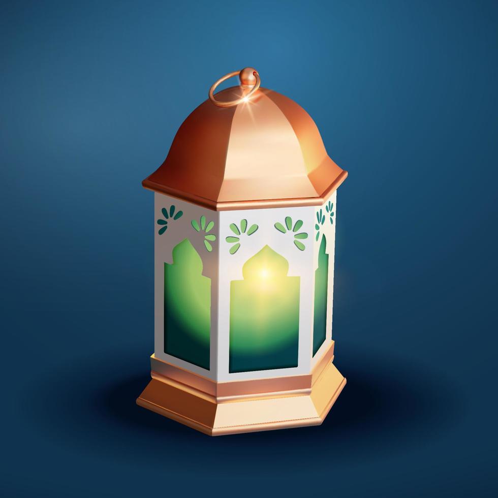 metallo fanoo, fanous o Ramadan lanterna a partire dal elevato Visualizza illuminante verde leggero nel 3d illustrazione isolato blu sfondo. religioso decorazione per islamico vacanze vettore