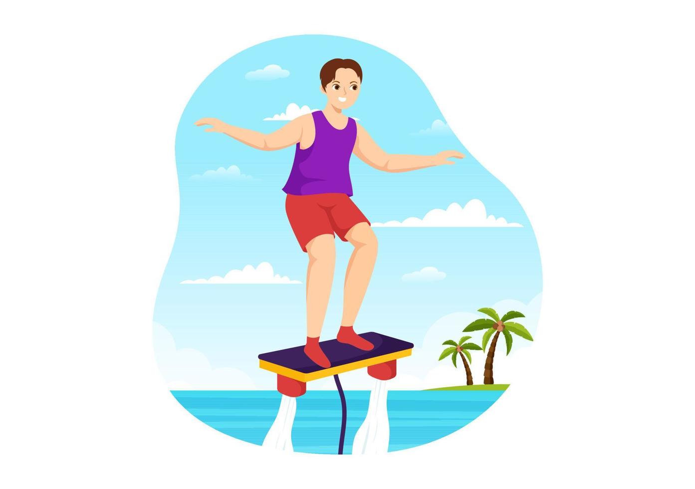 flyboard illustrazione con persone equitazione Jet imballare nel estate spiaggia vacanze nel piatto estremo acqua sport attività cartone animato mano disegnato modelli vettore