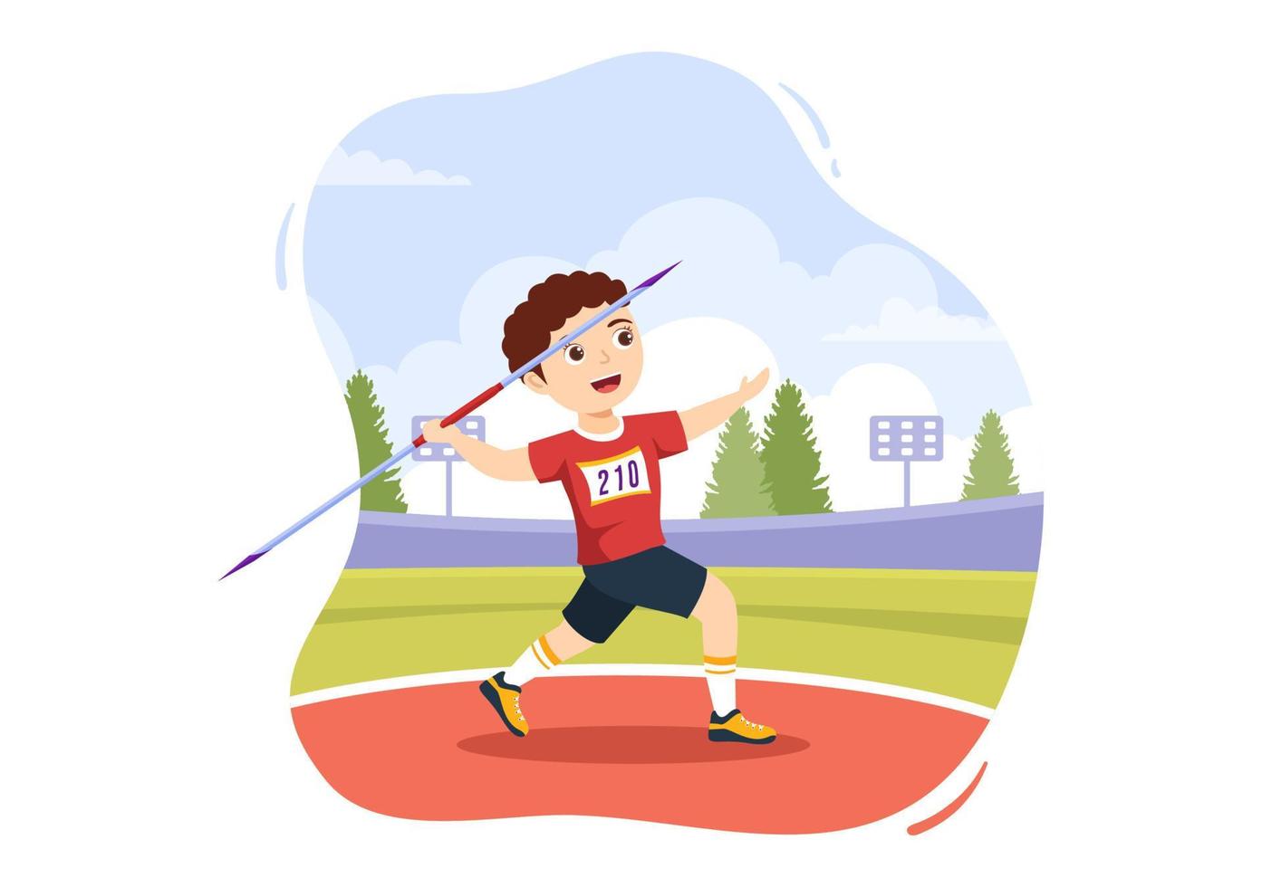 giavellotto lancio bambini atleta illustrazione utilizzando un' lungo lancia sagomato attrezzo per gettare nel gli sport attività piatto cartone animato mano disegnato modello vettore