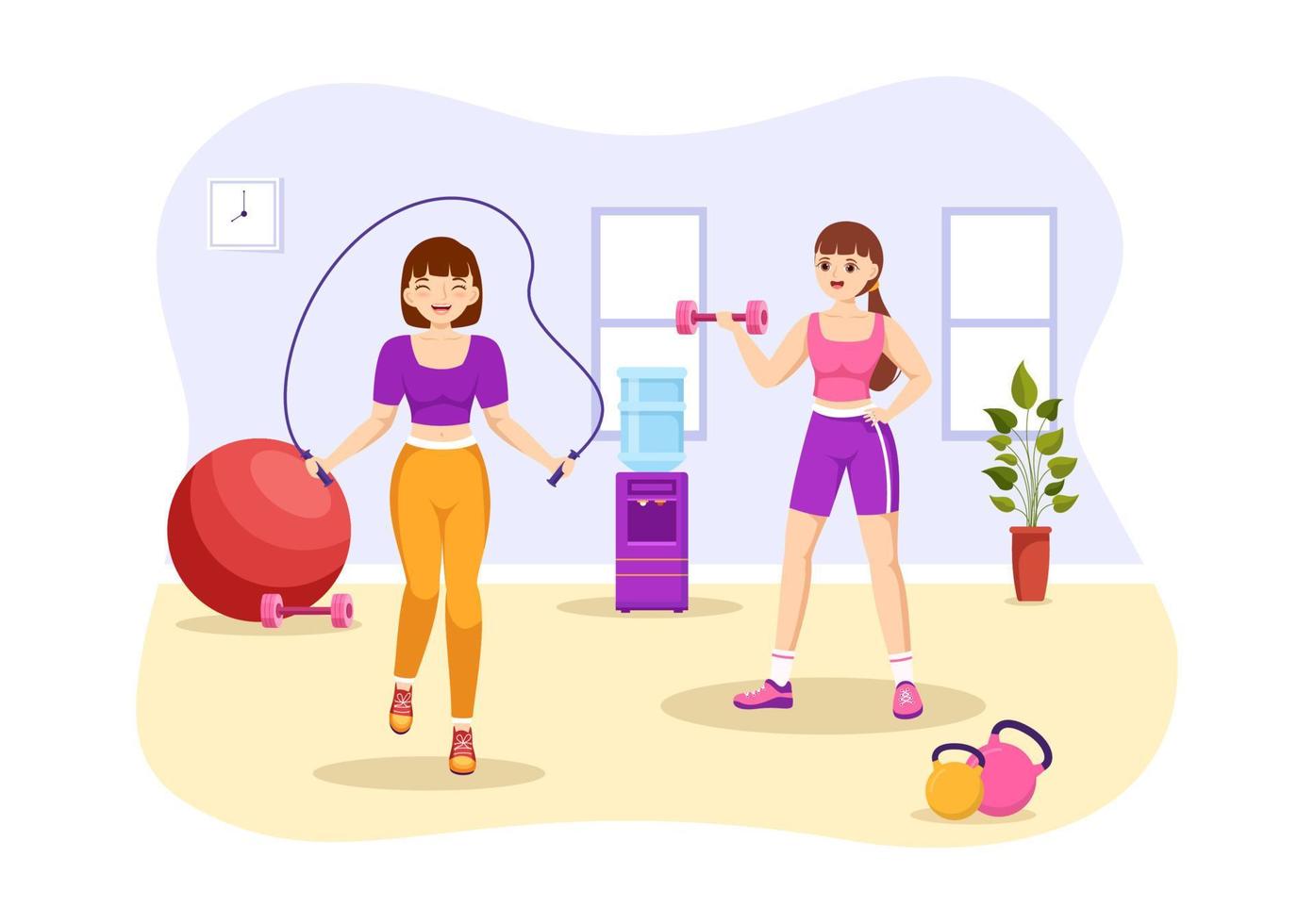 saltare corda illustrazione con persone giocando saltare indossare abbigliamento sportivo nel interno fitness sport attività piatto cartone animato mano disegnato modelli vettore