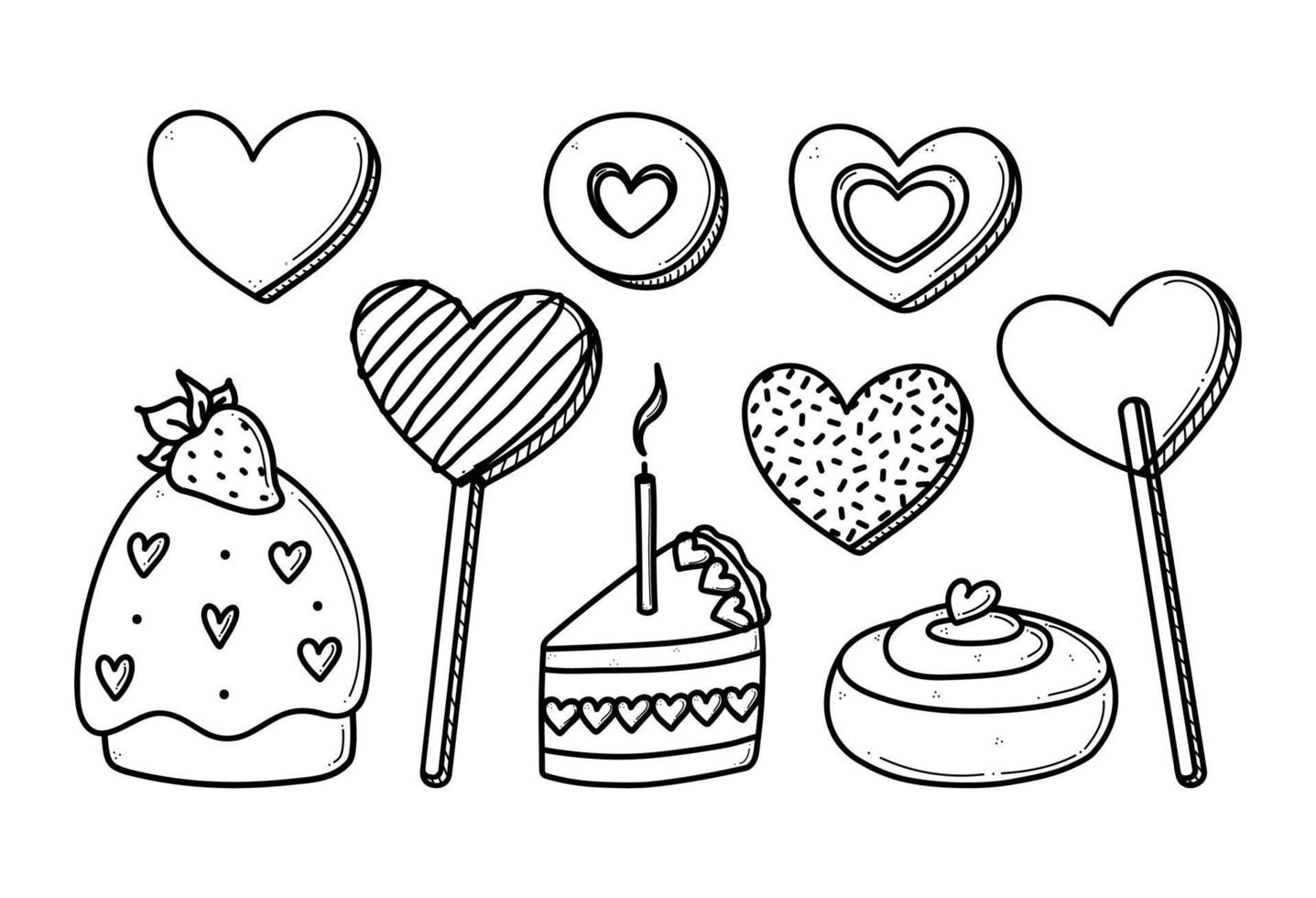 mano disegnato cuore sagomato san valentino romantico dolci vettore illustrazione. carino cupcake, biscotti, lecca-lecca, cannella rotolo scarabocchi