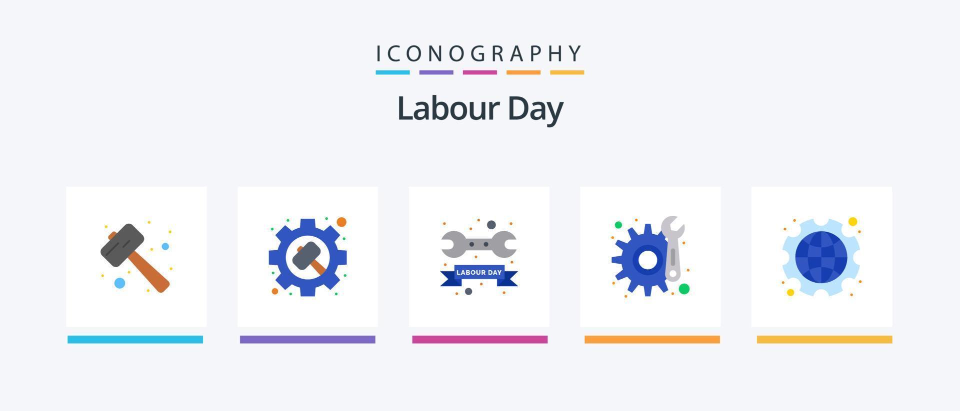 lavoro duro e faticoso giorno piatto 5 icona imballare Compreso internazionale. Manutenzione. impostazioni. Ingranaggio. chiave inglese. creativo icone design vettore