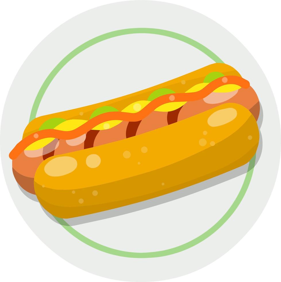 hot dog. pane, salsiccia, ketchup. icona dieta dannosa. delizioso panino. cibo spazzatura veloce. illustrazione piatta del fumetto vettore