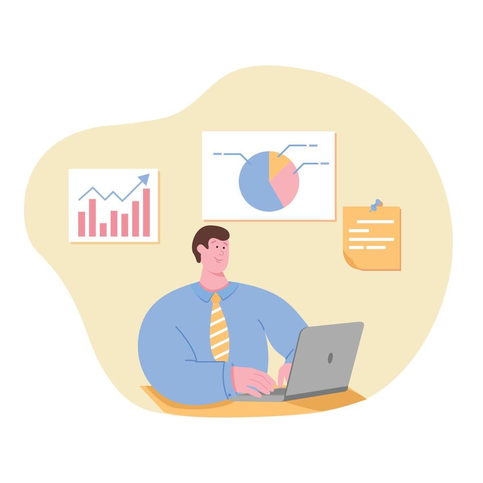 logico pensiero. uomo d'affari lavori con analitica. attività commerciale dati analisi e efficace gestione concetto. analista analizzando informazione, grafici. piatto vettore illustrazione isolato su bianca