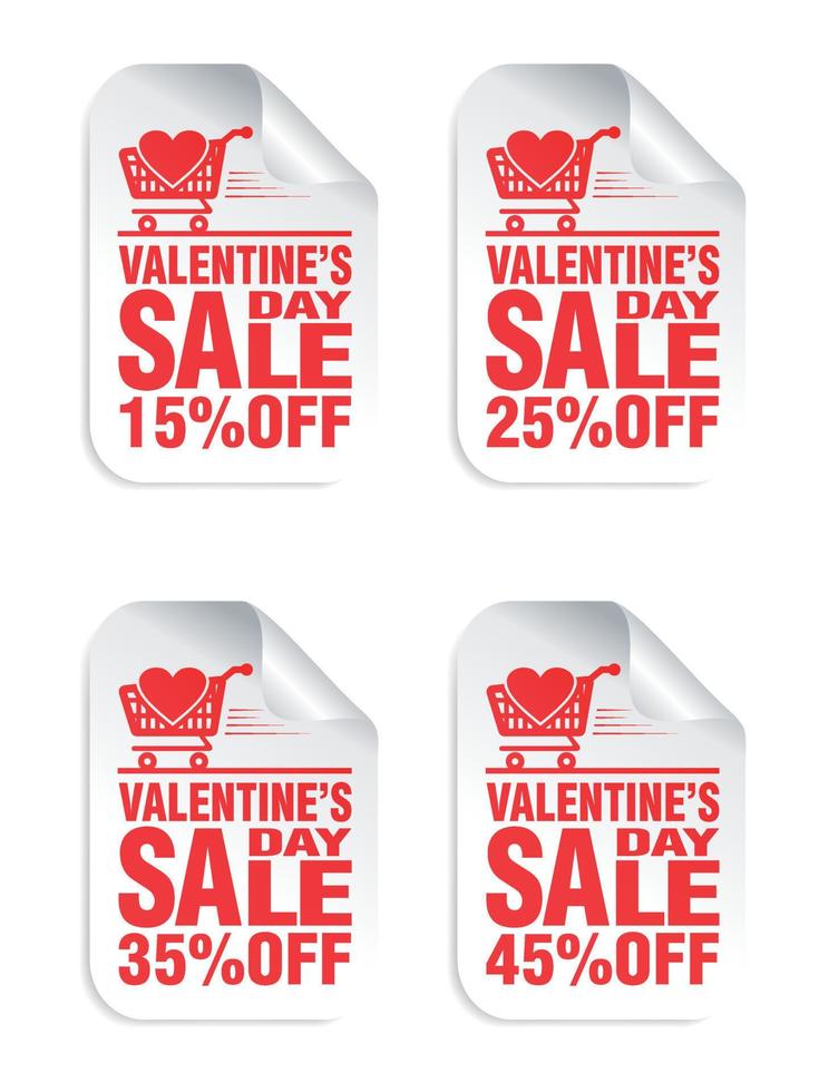 san valentino giorno vendita bianca adesivi impostato con rosso testo, shopping carrello con cuore icona. vendita 15, 25, 35, 45 per cento via vettore