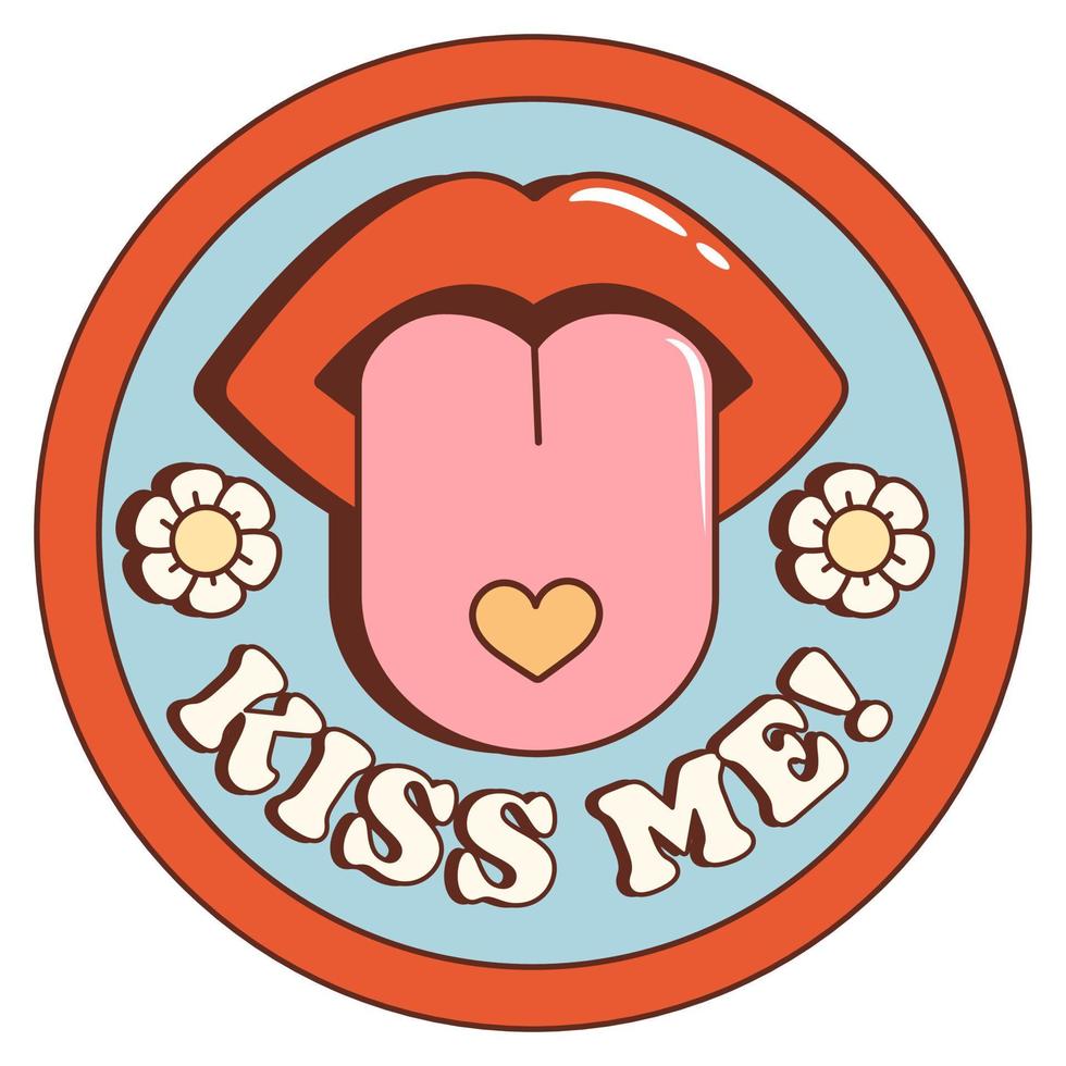 retrò Groovy cartone animato etichetta con labbra e lingua nel bocca. bacio me. concetto hippie san valentino giorno. 70s vibrazioni. vettore