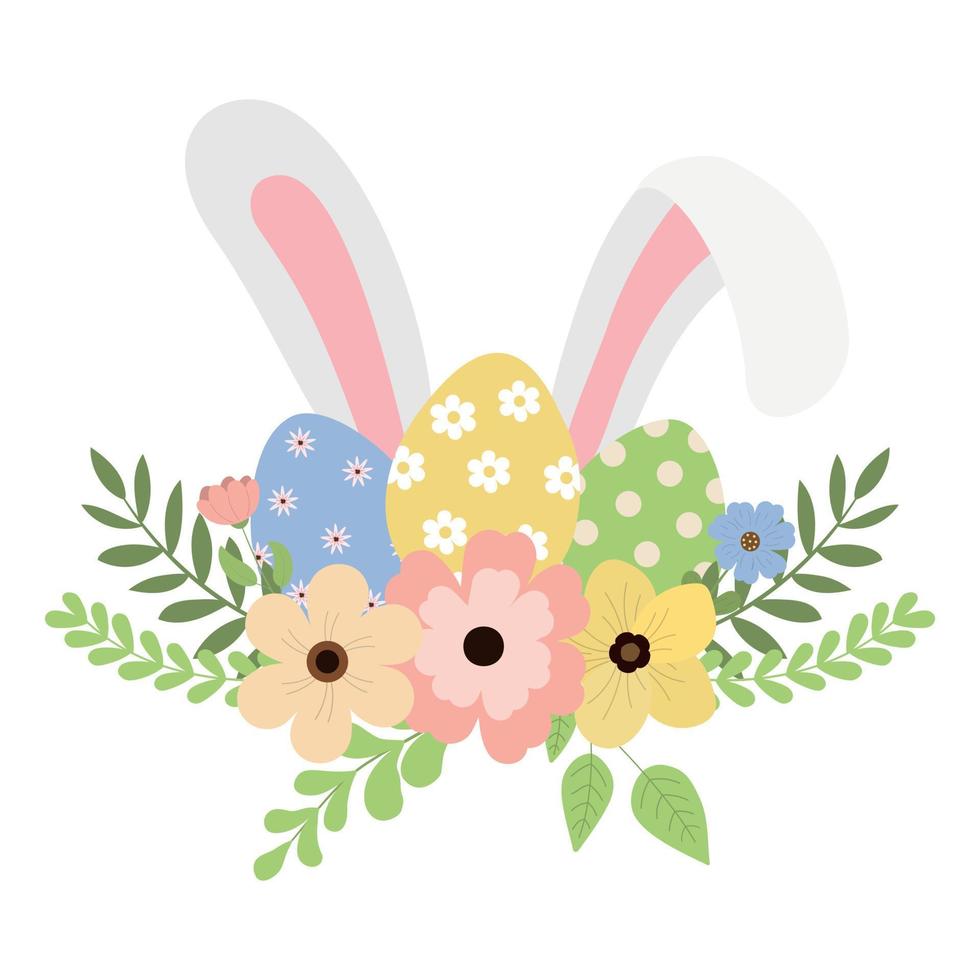 Pasqua illustrazione con uova nel il fiori, e coniglietto orecchie. isolato su bianca sfondo. bianca coniglio dietro a uova. primavera vacanza design e saluto carta. vettore