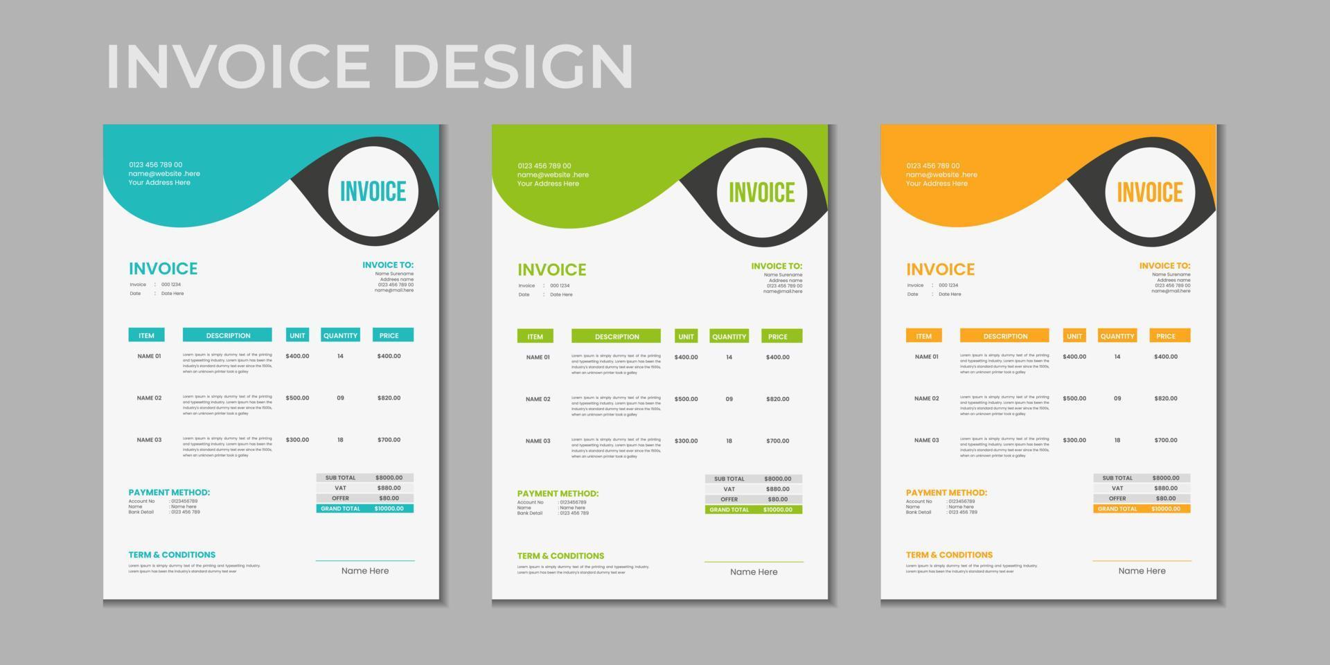 minimo aziendale attività commerciale multiplo colore variazione a4 dimensione fattura design modello vettore illustrazione conto modulo prezzo fattura, creativo fattura modello vettore e attività commerciale Stazionario design