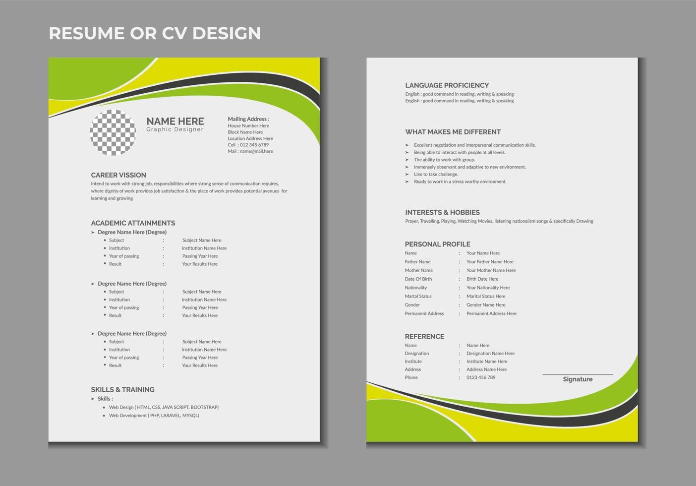 Doppio pagine professionale creativo CV o curriculum vitae modello design per un' creativo persona su bianca sfondo vettore