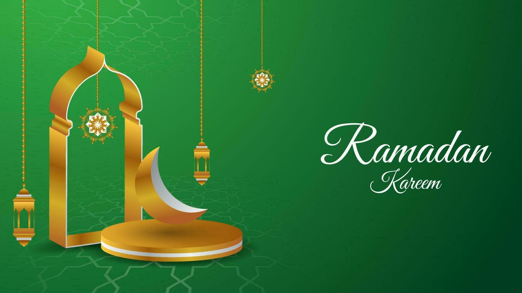 d'oro Ramadan kareem sfondo con lanterna, podio, Luna e cancello. islamico vettore illustrazione