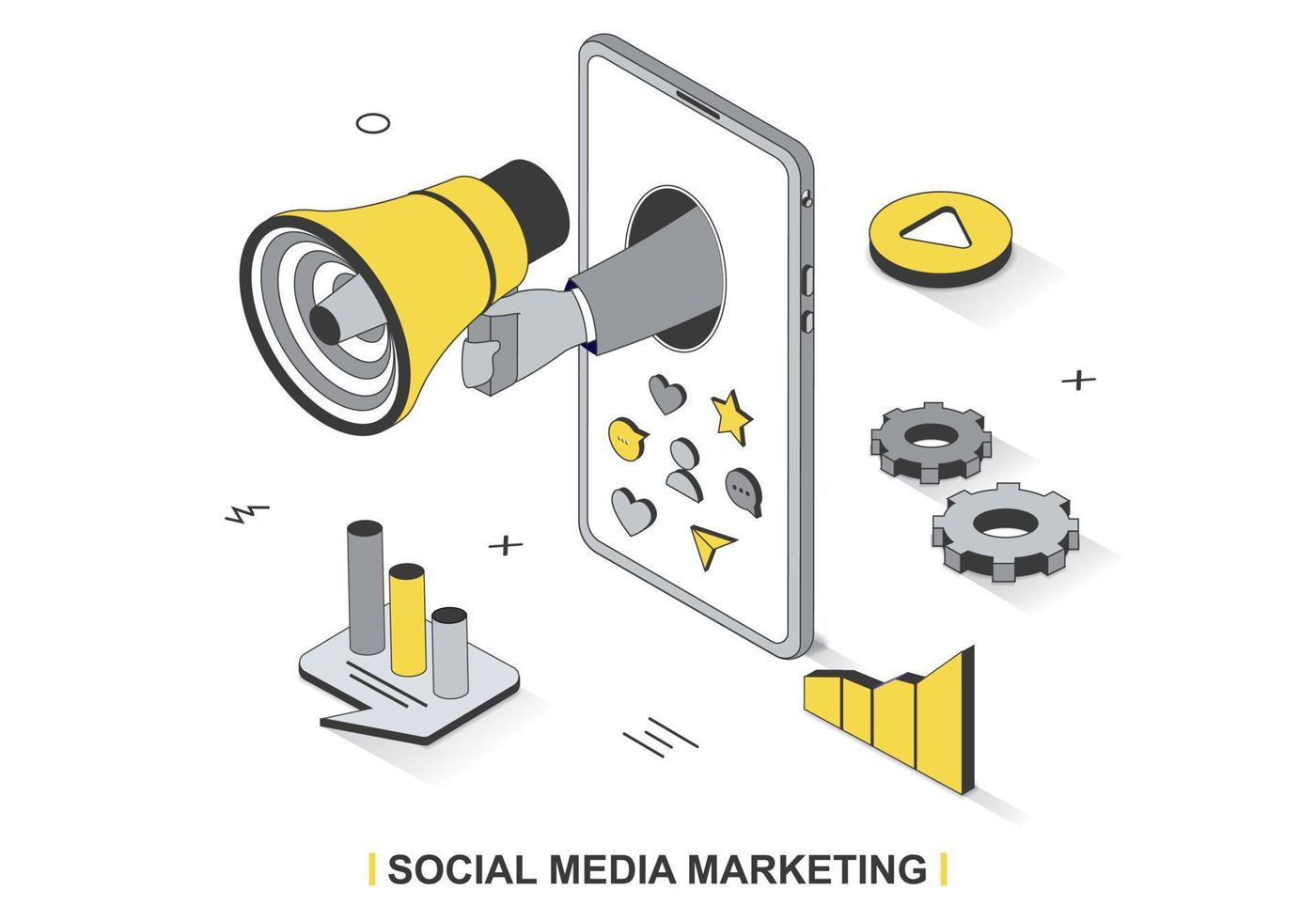 sociale media marketing concetto nel 3d isometrico schema design. attività commerciale promozione in linea, pubblicità, attrarre seguaci, soddisfare creazione, linea ragnatela modello. vettore illustrazione con persone scena